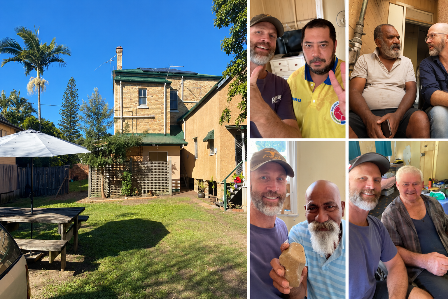 Photo montage of the 38KPR courtyard and community conversations and activities